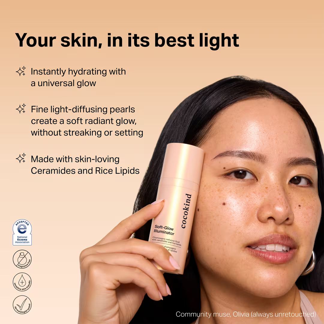 cocokind Soft-Glow Illuminator, a lightweight hydrating fluid with fine champagne pearls