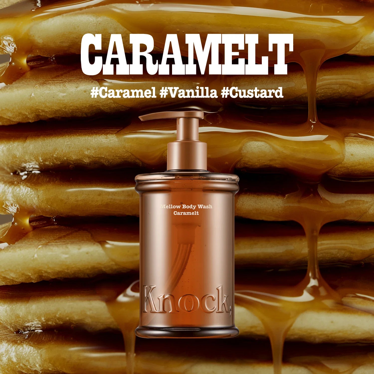 Knock Mellow Body Wash in Caramelt brown pump bottle