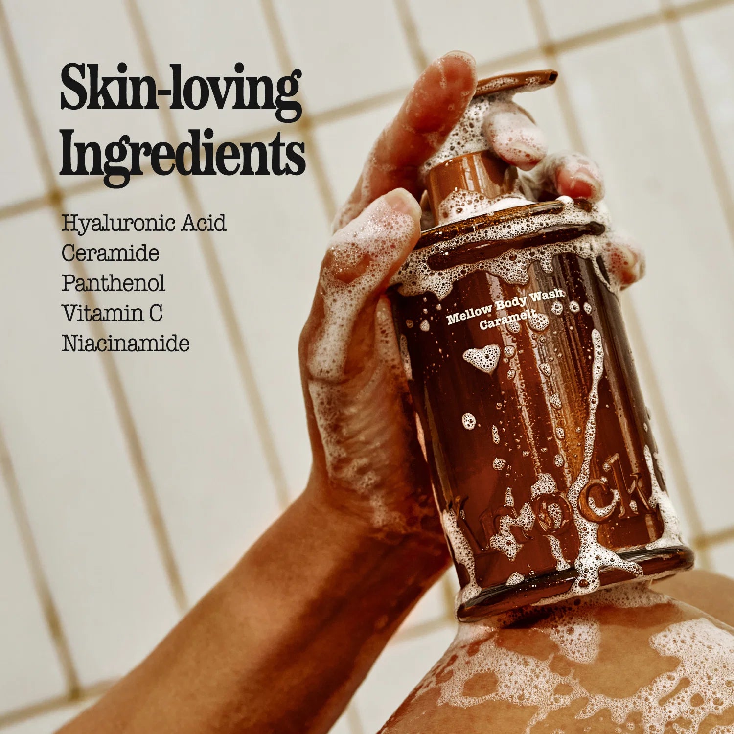 Knock Mellow Body Wash in Caramelt brown pump bottle