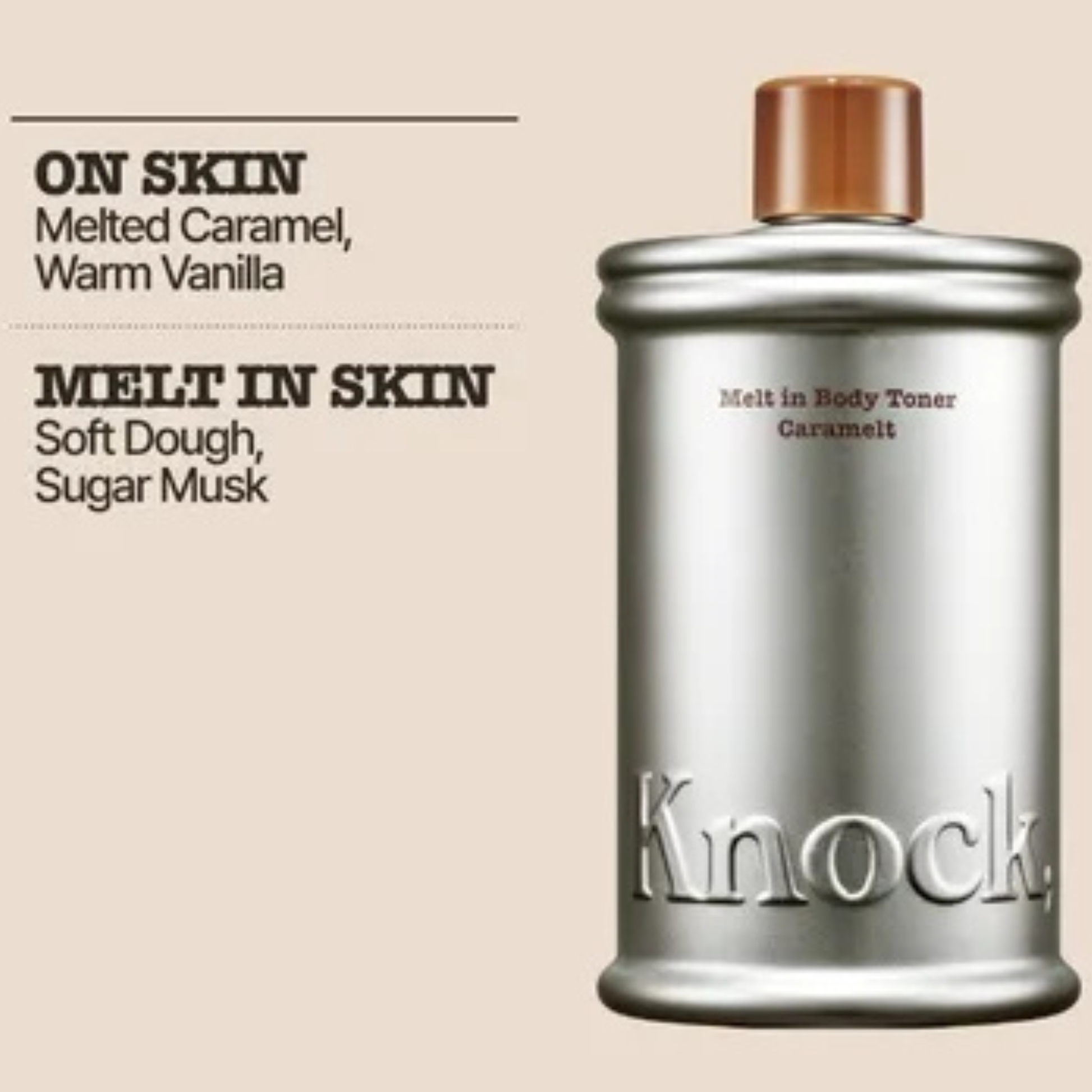 Knock Melt In Body Toner in Caramelt silver bottle with brown cap