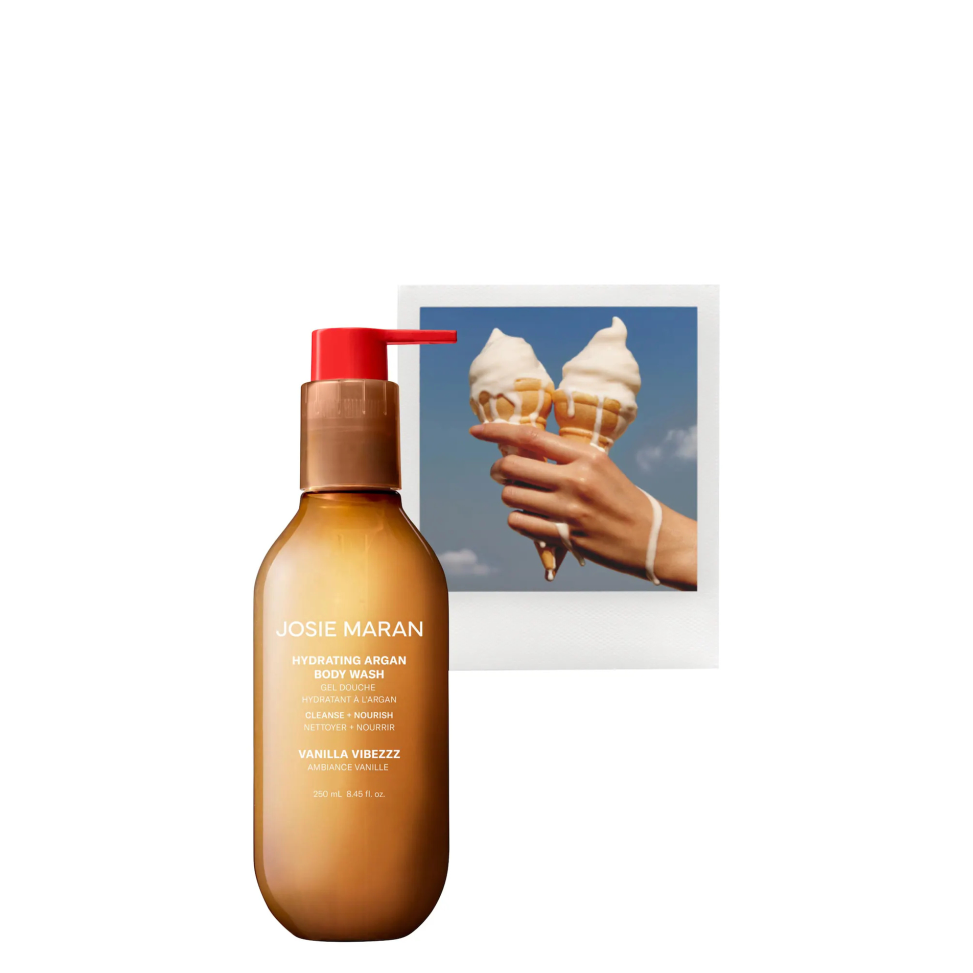 Josie Maran Hydrating Argan Body Wash in Vanilla Vibezzz pump bottle