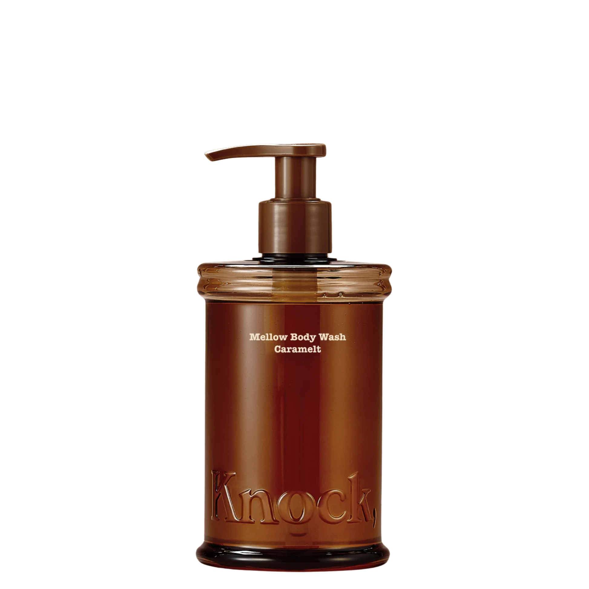 Knock Mellow Body Wash in Caramelt brown pump bottle