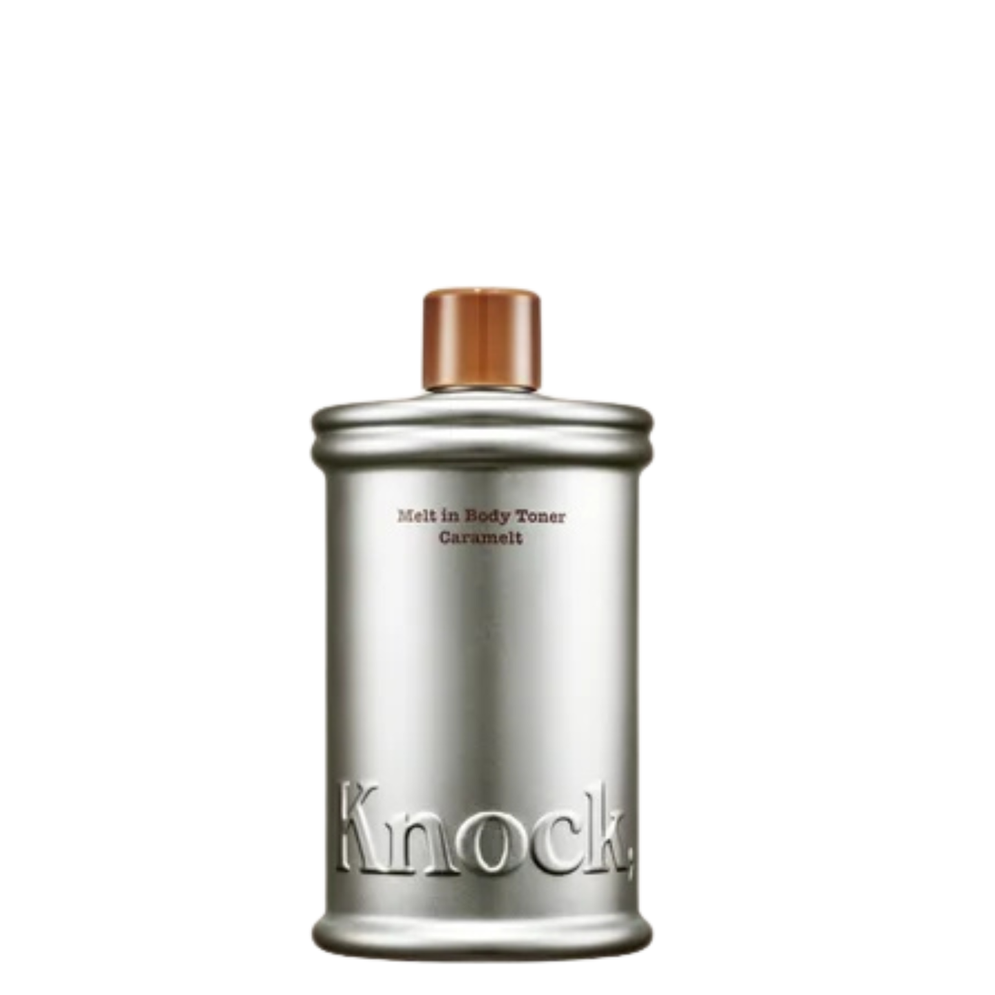Knock Melt In Body Toner in Caramelt silver bottle with brown cap