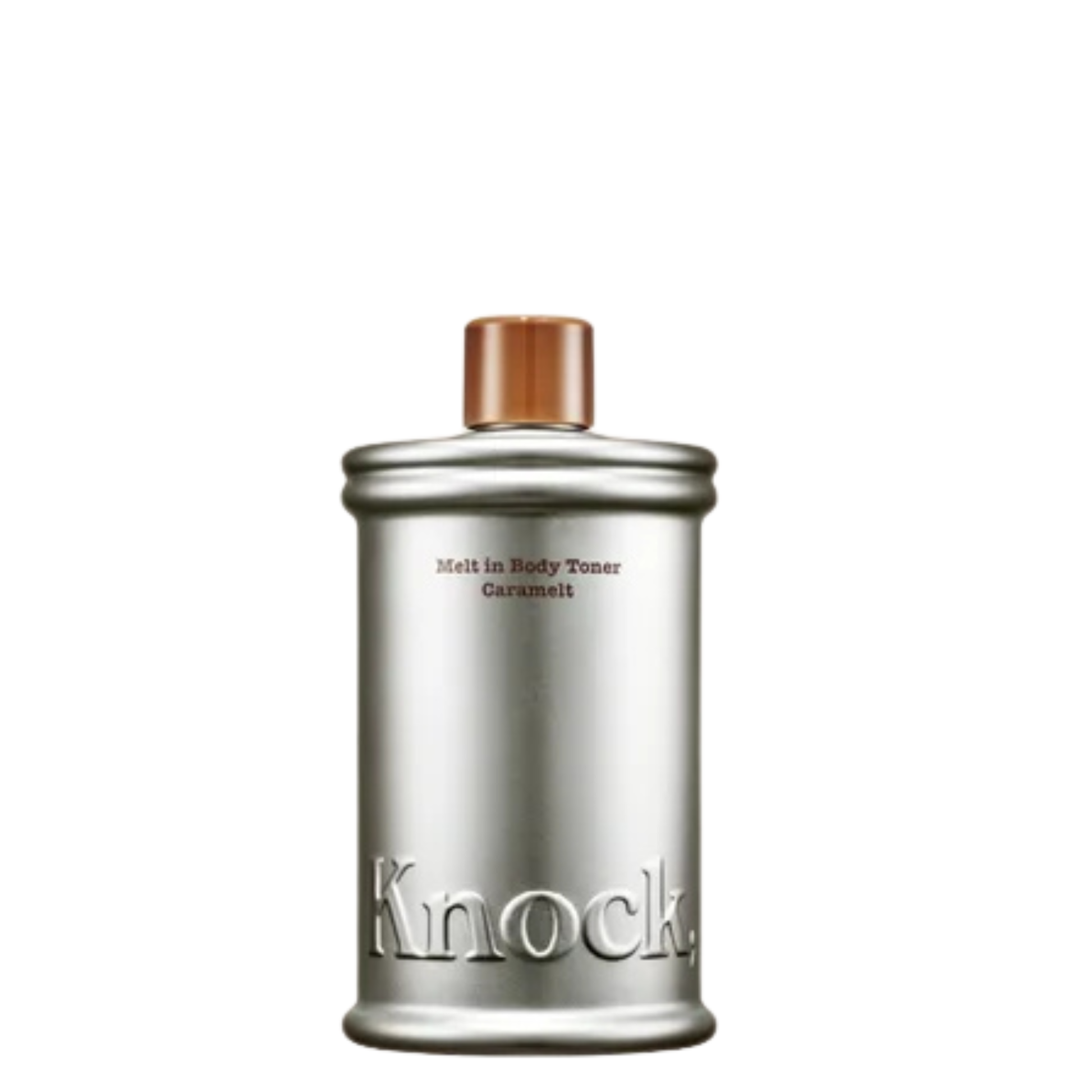 Knock Melt In Body Toner in Caramelt silver bottle with brown cap