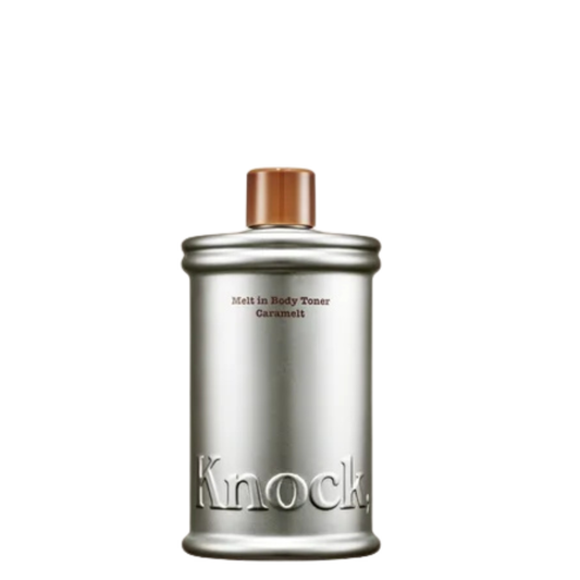 Knock Melt In Body Toner in Caramelt silver bottle with brown cap