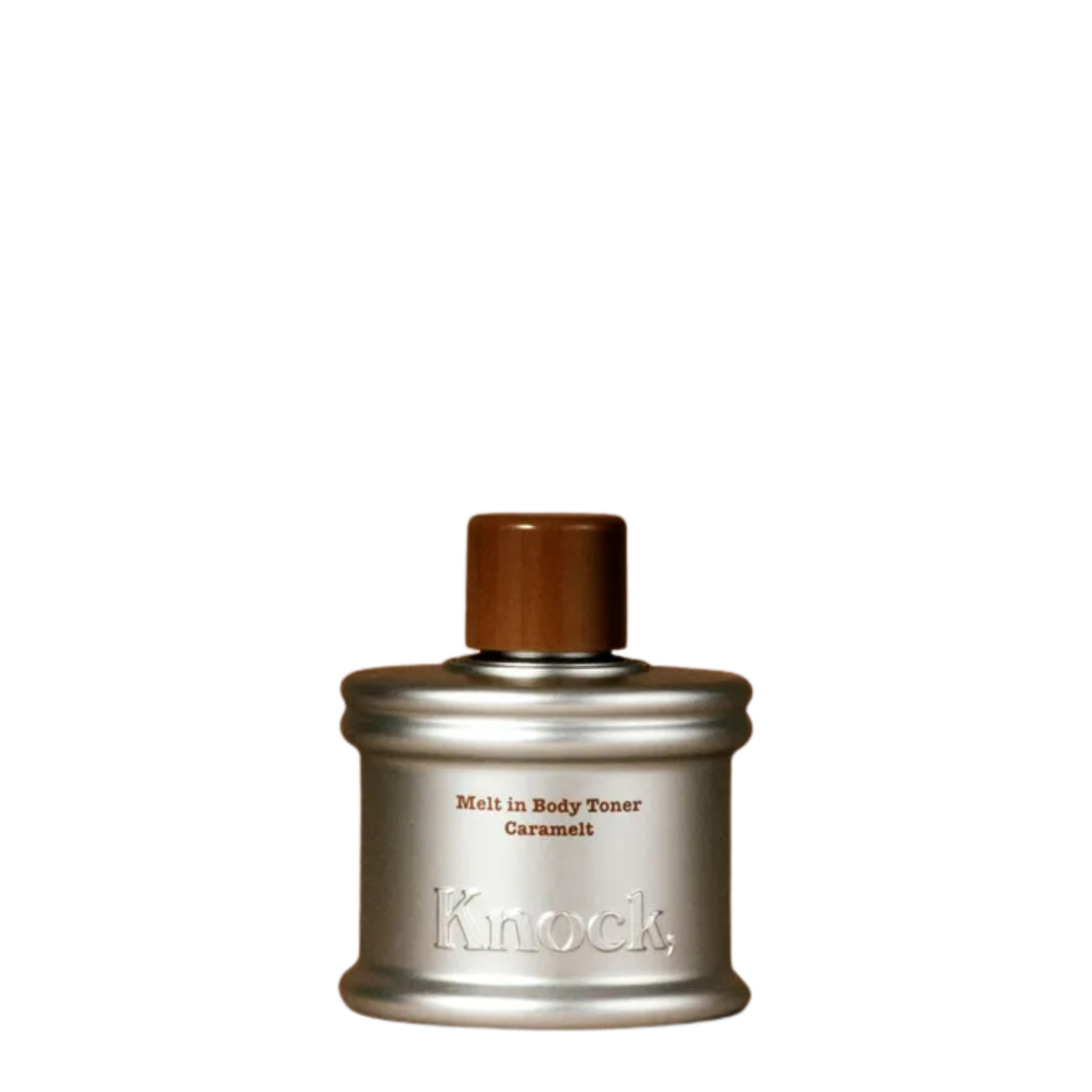 Knock Melt In Body Toner in Caramelt silver bottle with brown cap