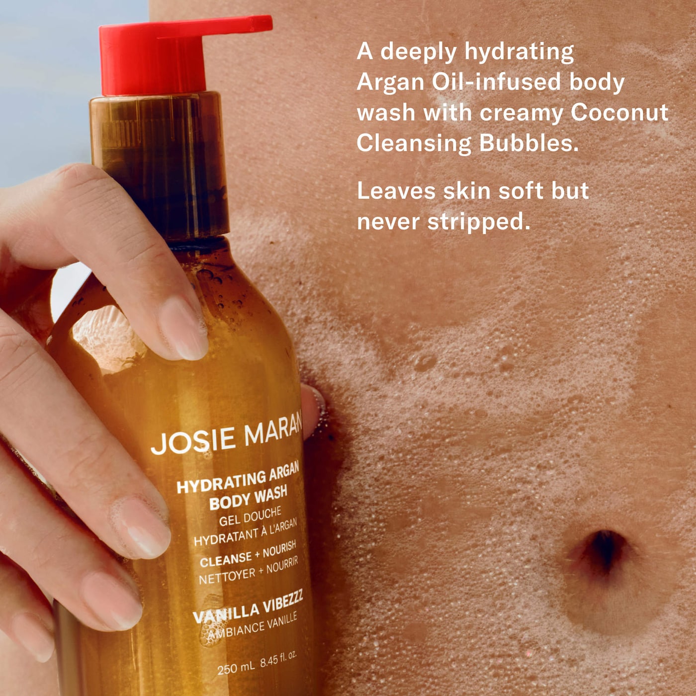 Josie Maran Hydrating Argan Body Wash in Vanilla Vibezzz pump bottle